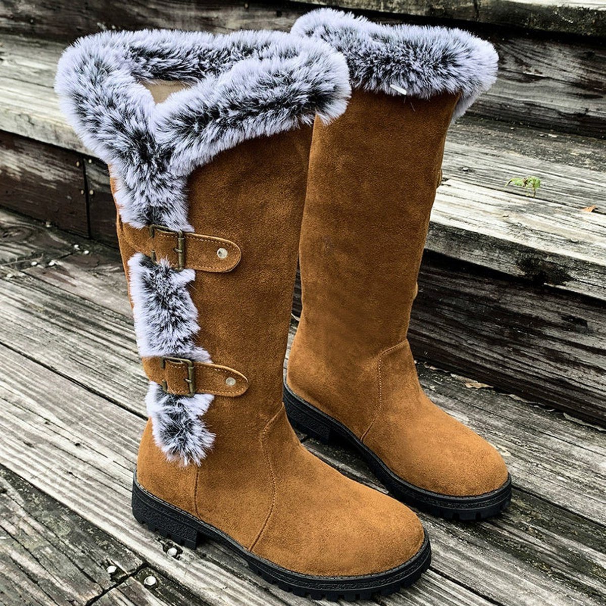 Morgance | Women's Faux-Suede Knee High Boots with Fur Trim