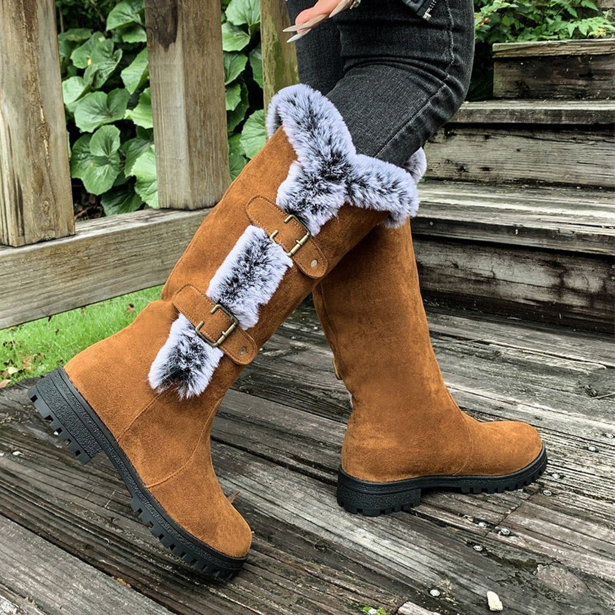 Morgance | Women's Faux-Suede Knee High Boots with Fur Trim