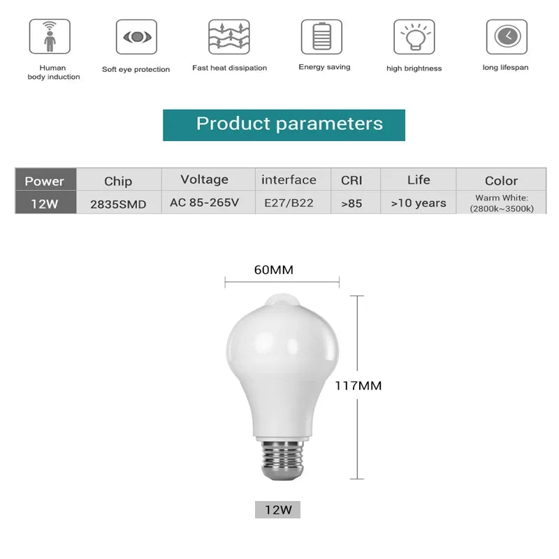 Motion Sensor LED Bulb | PIR & Light Sensors | E27 Base
