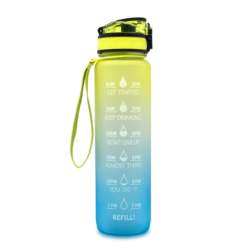 Motivational Sports Water Bottle with Time Markers 32 Oz Flip-Top Lid and Fruit Infuser