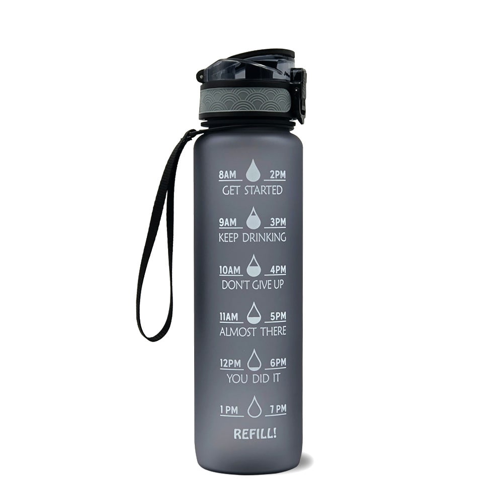 Motivational Sports Water Bottle with Time Markers 32 Oz Flip-Top Lid and Fruit Infuser