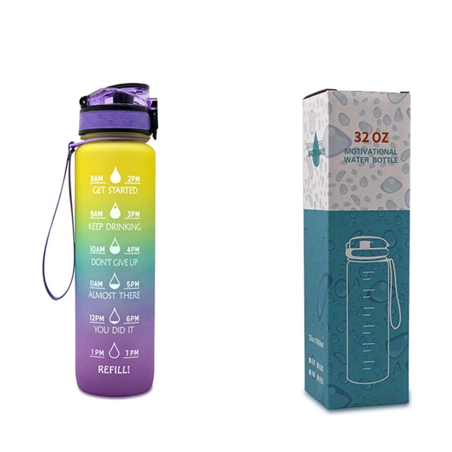 Motivational Sports Water Bottle with Time Markers 32 Oz Flip-Top Lid and Fruit Infuser