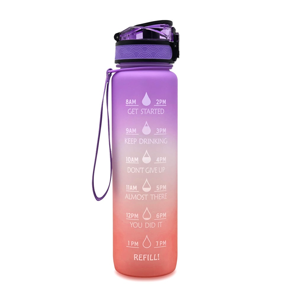 Motivational Sports Water Bottle with Time Markers 32 Oz Flip-Top Lid and Fruit Infuser