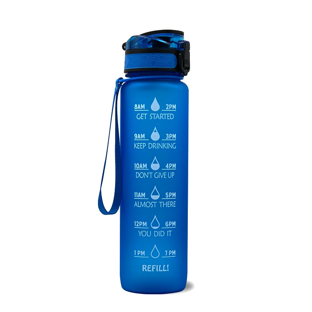 Motivational Sports Water Bottle with Time Markers 32 Oz Flip-Top Lid and Fruit Infuser
