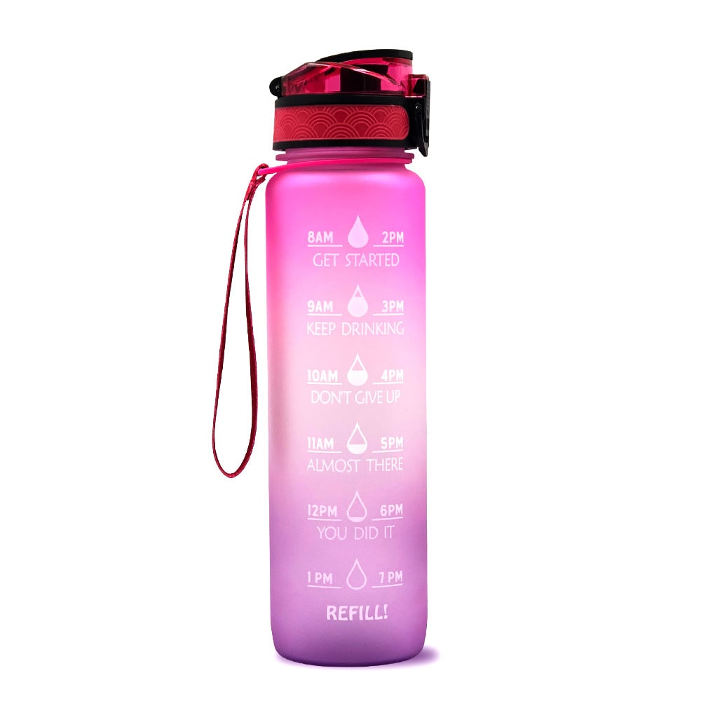 Motivational Sports Water Bottle with Time Markers 32 Oz Flip-Top Lid and Fruit Infuser