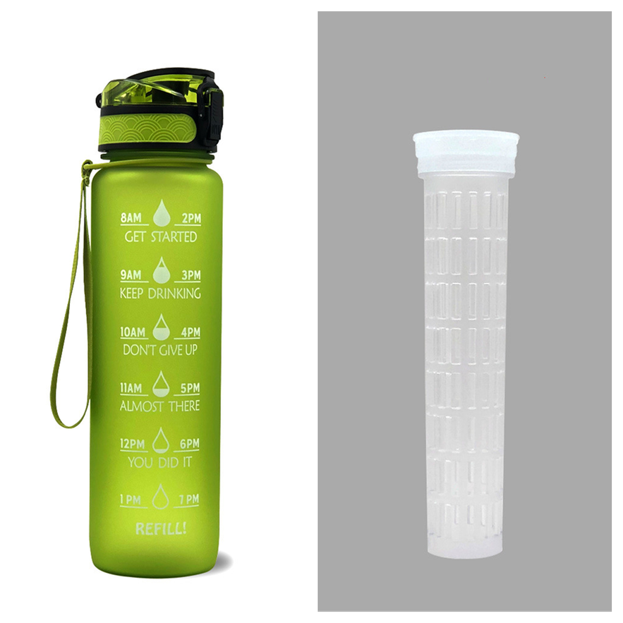 Motivational Sports Water Bottle with Time Markers 32 Oz Flip-Top Lid and Fruit Infuser