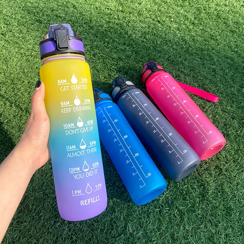 Motivational Sports Water Bottle with Time Markers 32 Oz Flip-Top Lid and Fruit Infuser