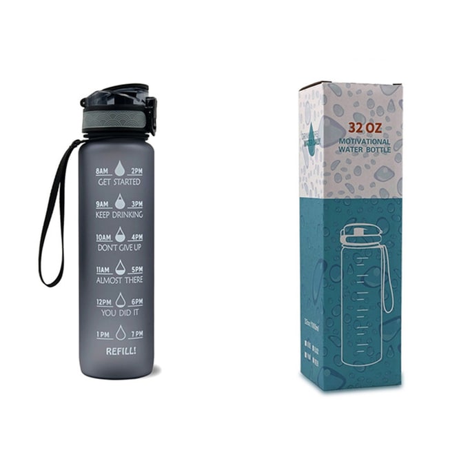 Motivational Sports Water Bottle with Time Markers 32 Oz Flip-Top Lid and Fruit Infuser