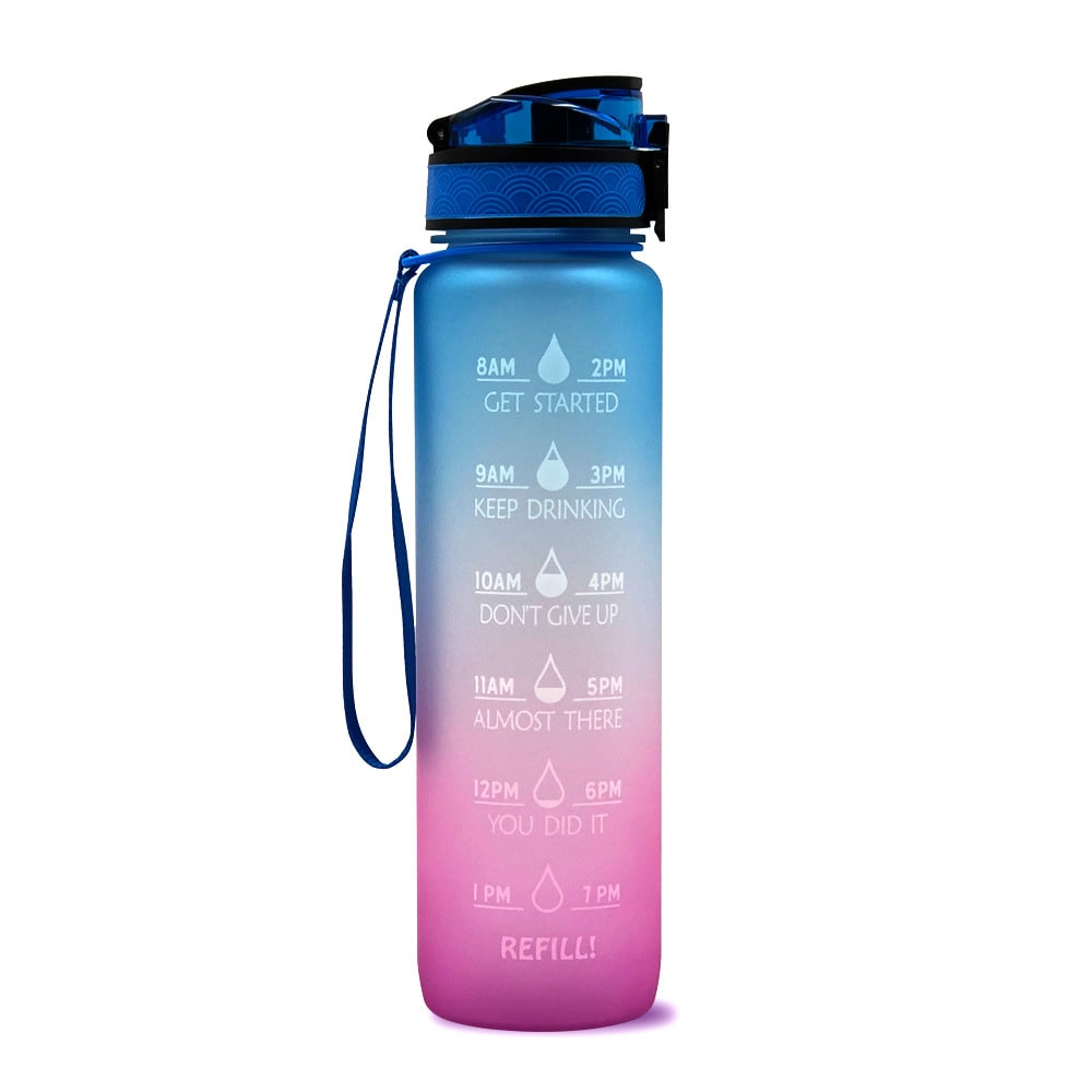 Motivational Sports Water Bottle with Time Markers 32 Oz Flip-Top Lid and Fruit Infuser