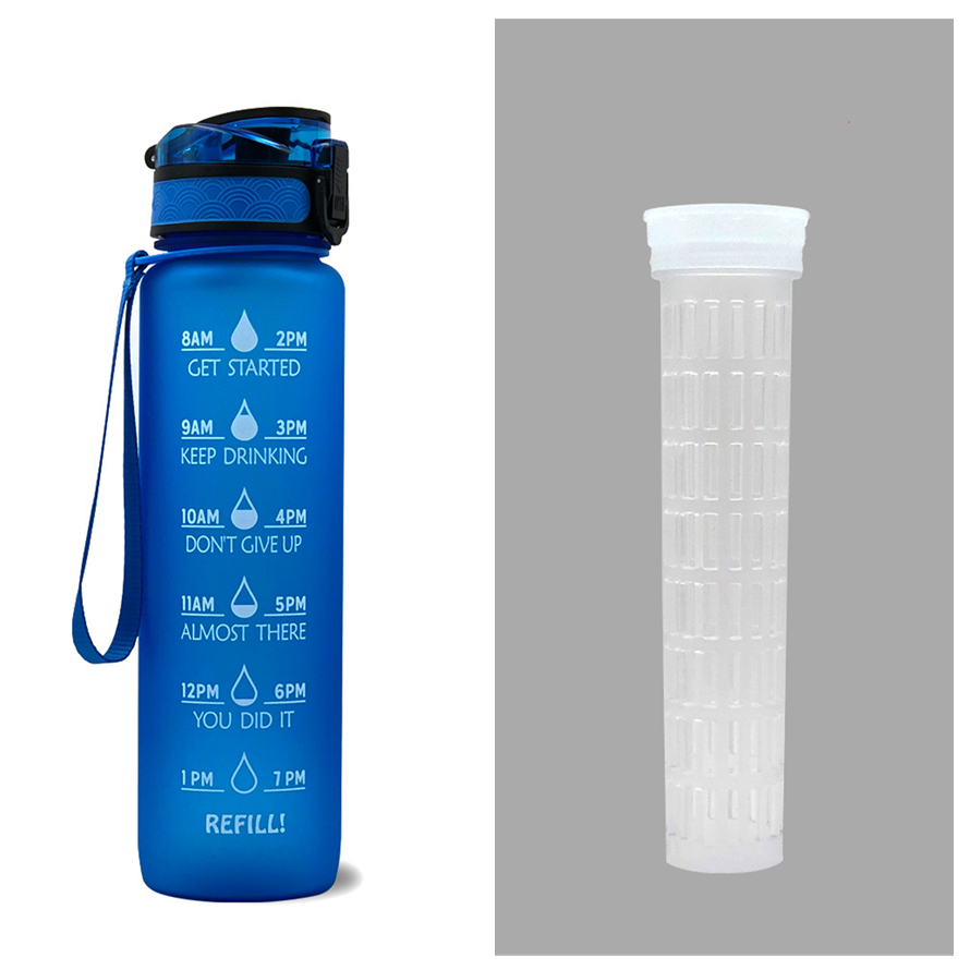 Motivational Sports Water Bottle with Time Markers 32 Oz Flip-Top Lid and Fruit Infuser