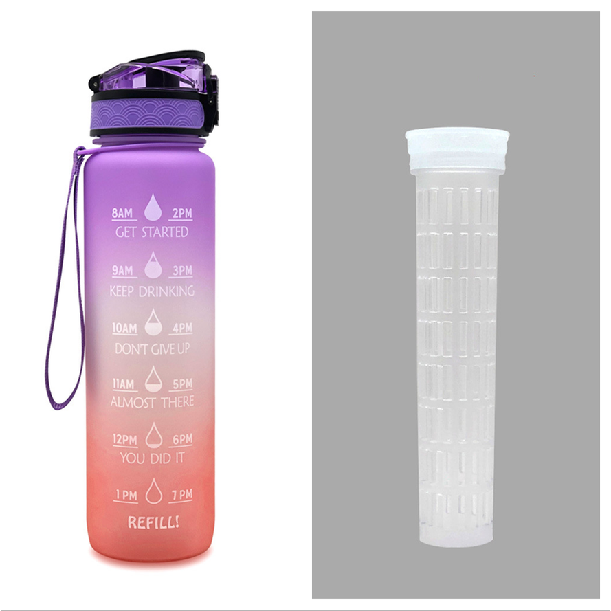 Motivational Sports Water Bottle with Time Markers 32 Oz Flip-Top Lid and Fruit Infuser