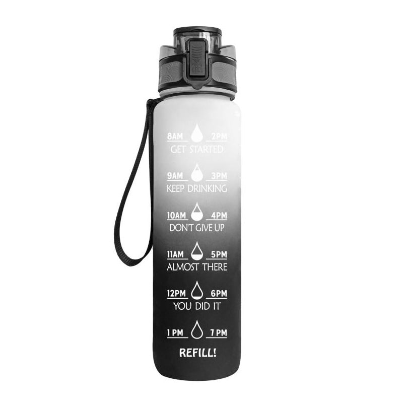 Motivational Sports Water Bottle with Time Markers 32 Oz Flip-Top Lid and Fruit Infuser