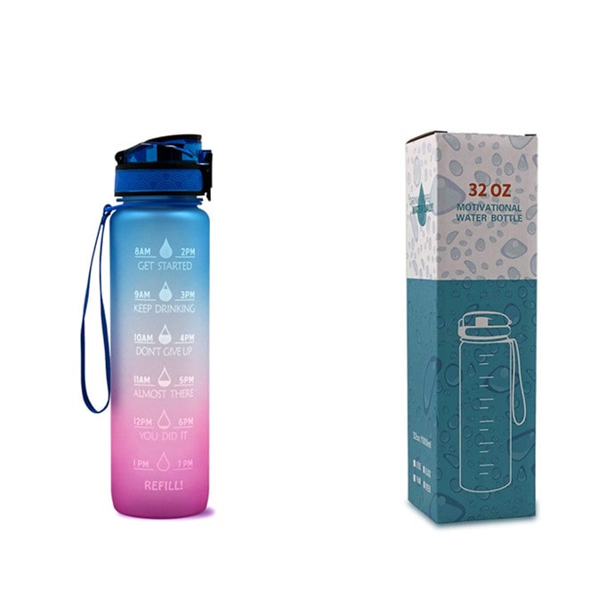 Motivational Sports Water Bottle with Time Markers 32 Oz Flip-Top Lid and Fruit Infuser