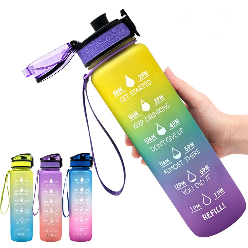 Motivational Sports Water Bottle with Time Markers 32 Oz Flip-Top Lid and Fruit Infuser