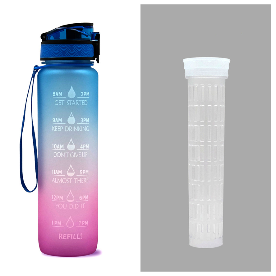 Motivational Sports Water Bottle with Time Markers 32 Oz Flip-Top Lid and Fruit Infuser