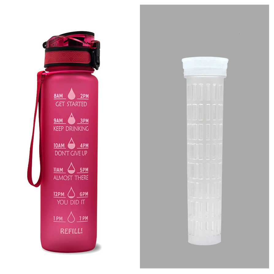 Motivational Sports Water Bottle with Time Markers 32 Oz Flip-Top Lid and Fruit Infuser