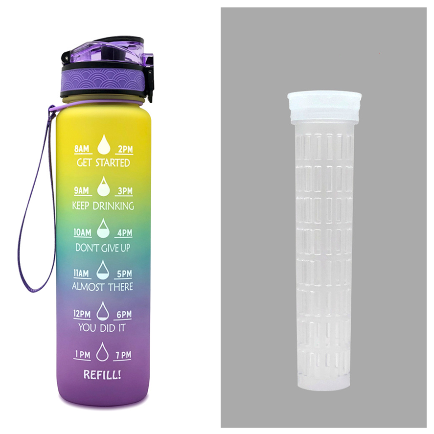 Motivational Sports Water Bottle with Time Markers 32 Oz Flip-Top Lid and Fruit Infuser