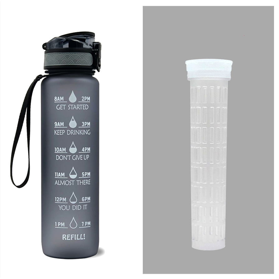 Motivational Sports Water Bottle with Time Markers 32 Oz Flip-Top Lid and Fruit Infuser