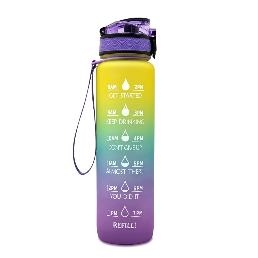 Motivational Sports Water Bottle with Time Markers 32 Oz Flip-Top Lid and Fruit Infuser