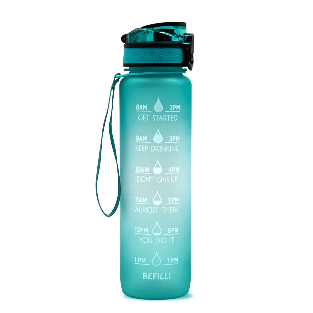 Motivational Sports Water Bottle with Time Markers 32 Oz Flip-Top Lid and Fruit Infuser
