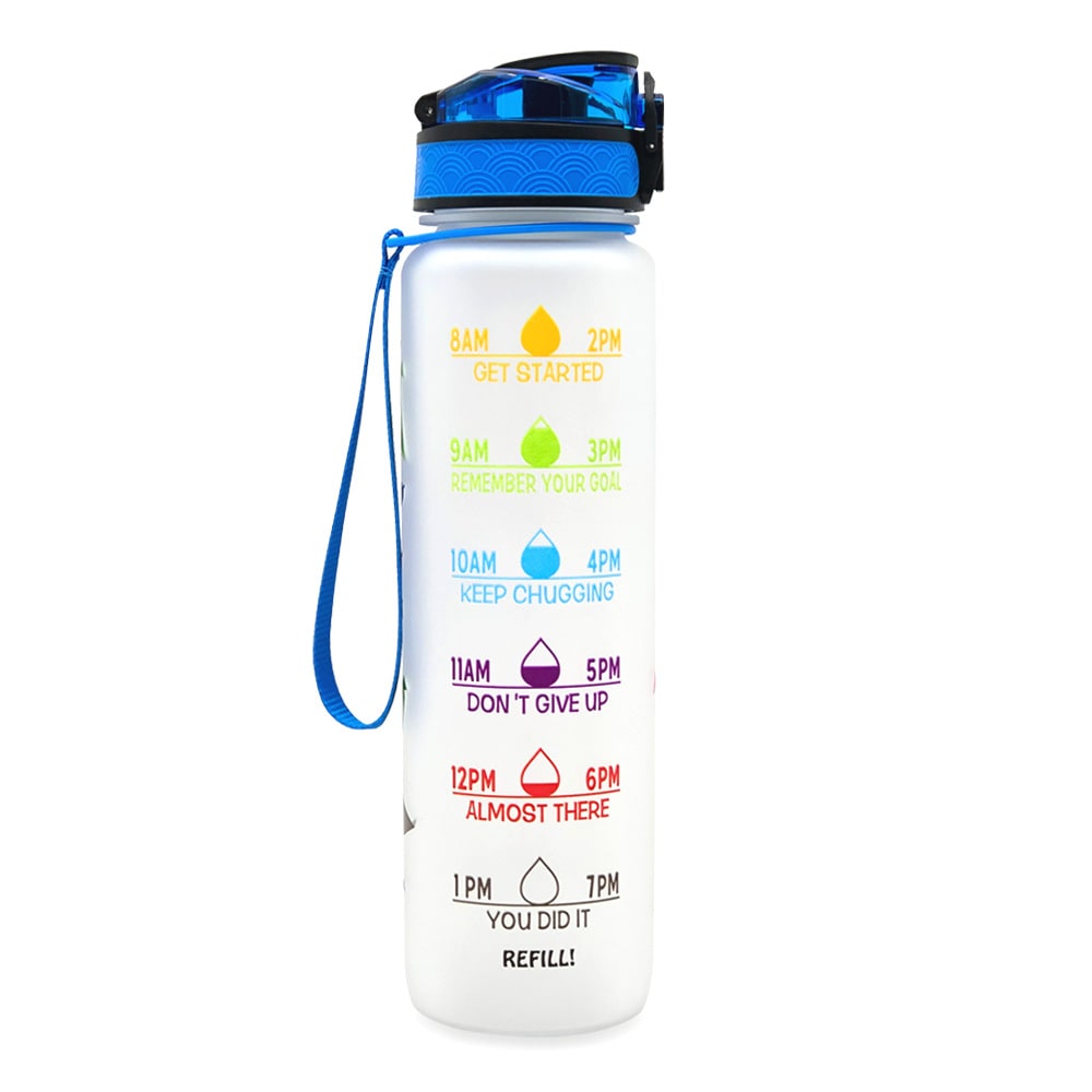 Motivational Sports Water Bottle with Time Markers 32 Oz Flip-Top Lid and Fruit Infuser