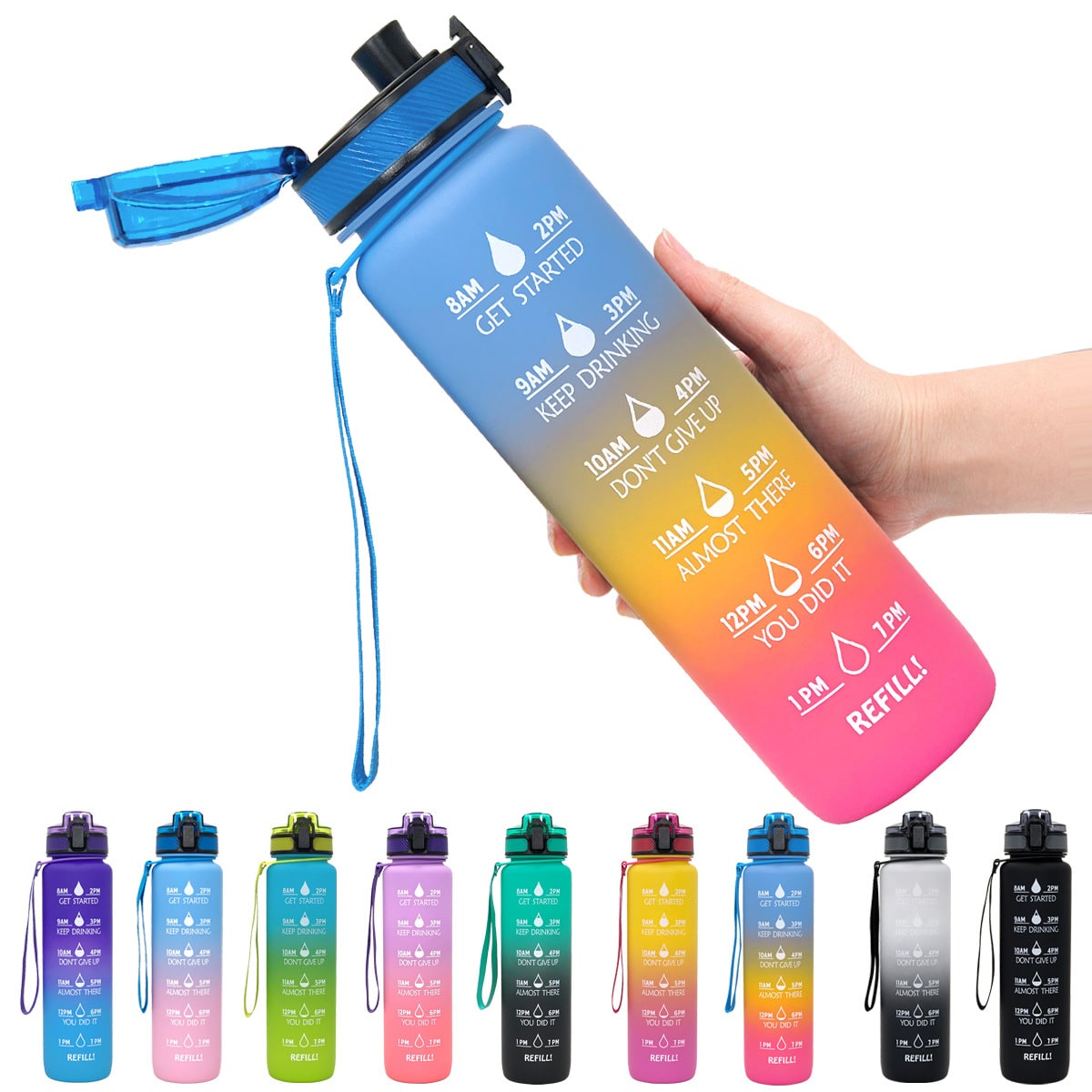 Motivational Sports Water Bottle with Time Markers 32 Oz Flip-Top Lid and Fruit Infuser