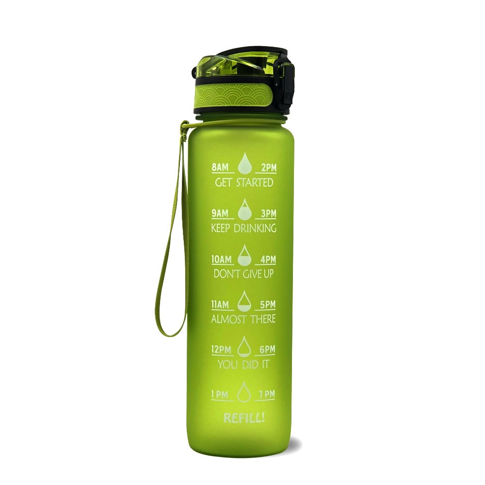 Motivational Sports Water Bottle with Time Markers 32 Oz Flip-Top Lid and Fruit Infuser