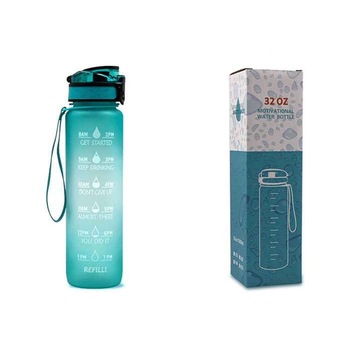 Motivational Sports Water Bottle with Time Markers 32 Oz Flip-Top Lid and Fruit Infuser