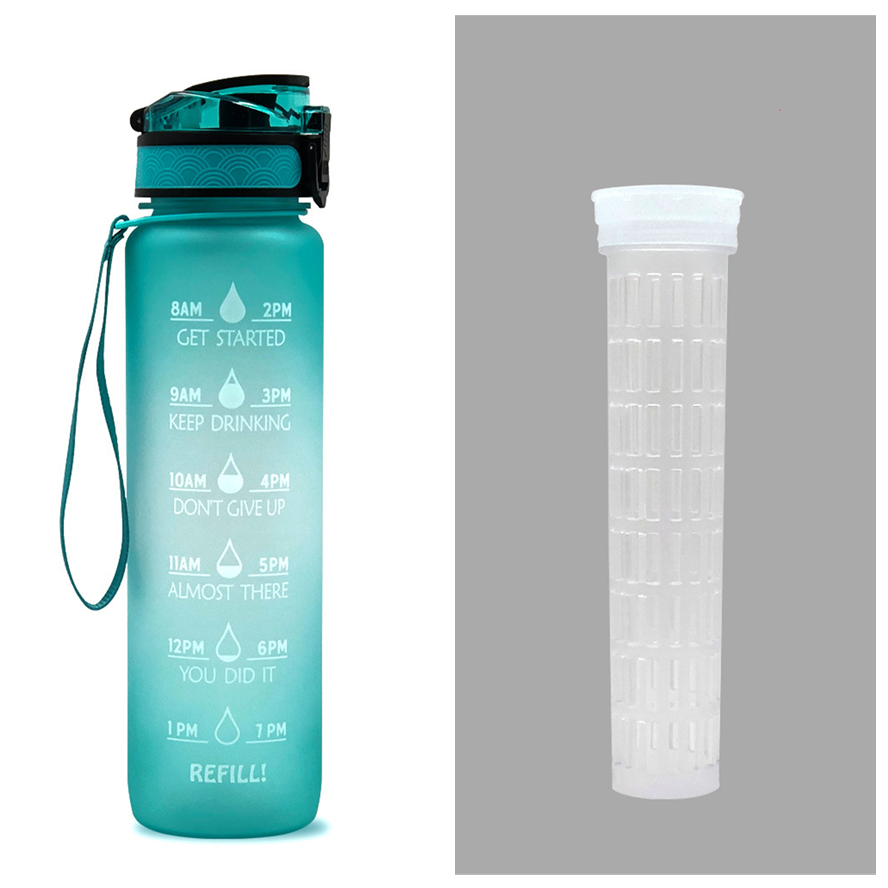 Motivational Sports Water Bottle with Time Markers 32 Oz Flip-Top Lid and Fruit Infuser