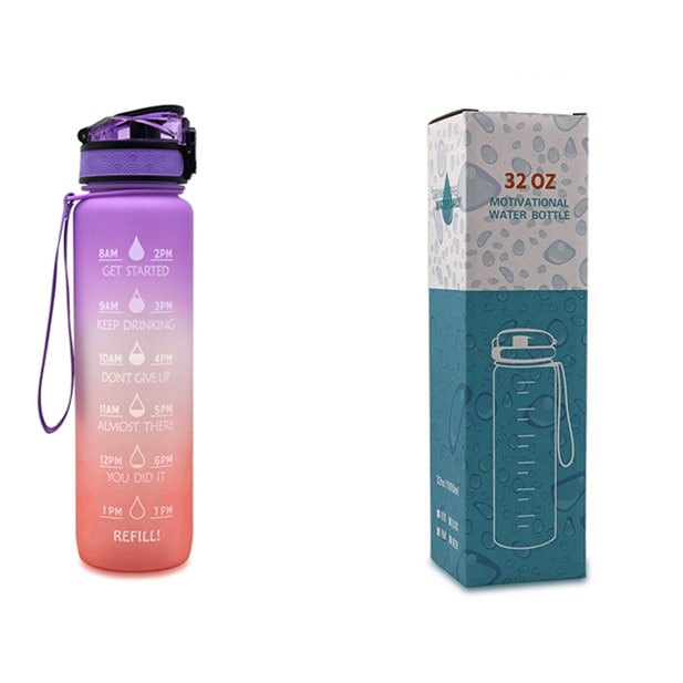Motivational Sports Water Bottle with Time Markers 32 Oz Flip-Top Lid and Fruit Infuser