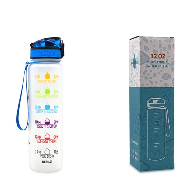 Motivational Sports Water Bottle with Time Markers 32 Oz Flip-Top Lid and Fruit Infuser