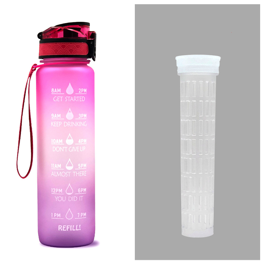Motivational Sports Water Bottle with Time Markers 32 Oz Flip-Top Lid and Fruit Infuser