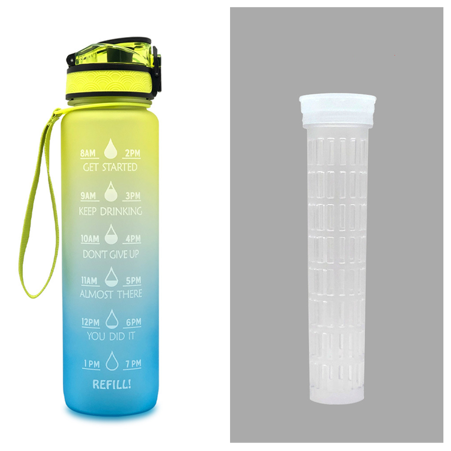 Motivational Sports Water Bottle with Time Markers 32 Oz Flip-Top Lid and Fruit Infuser