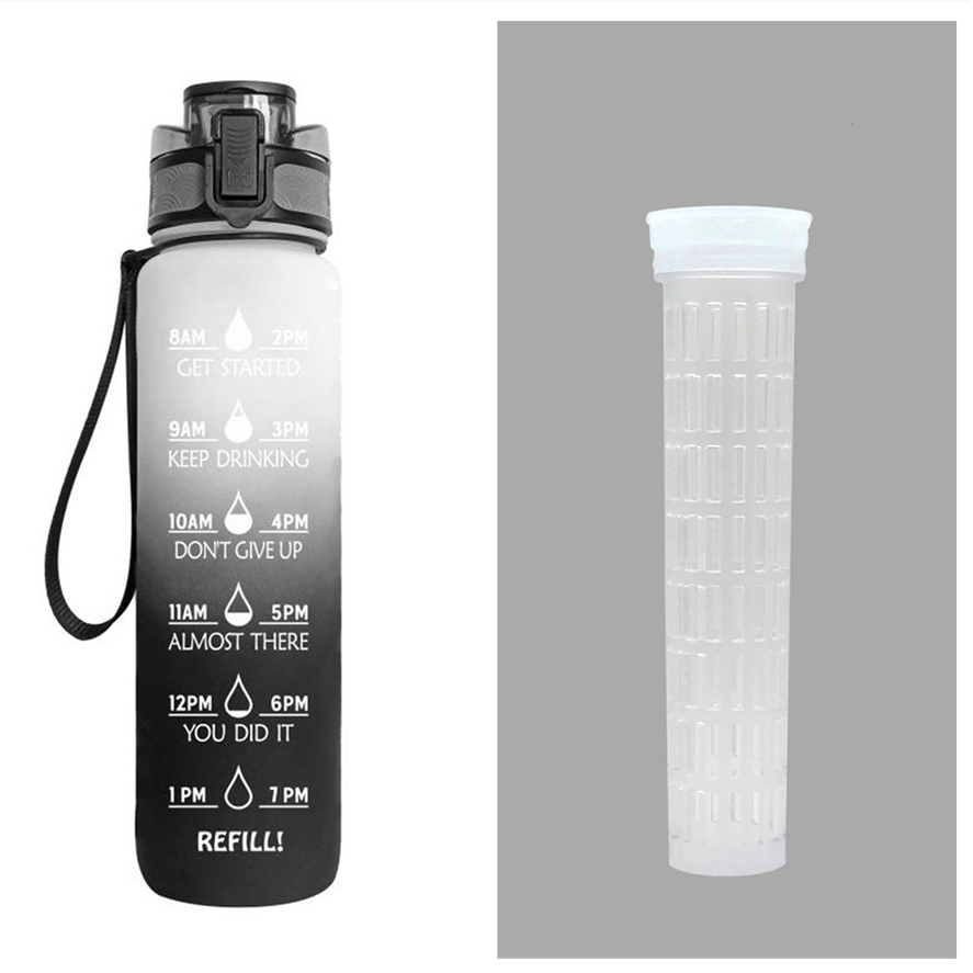 Motivational Sports Water Bottle with Time Markers 32 Oz Flip-Top Lid and Fruit Infuser