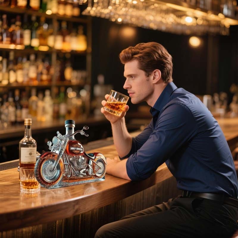 Motorcycle-Shaped Whiskey Decanter with Glass Stopper and Detailed Cruiser Design