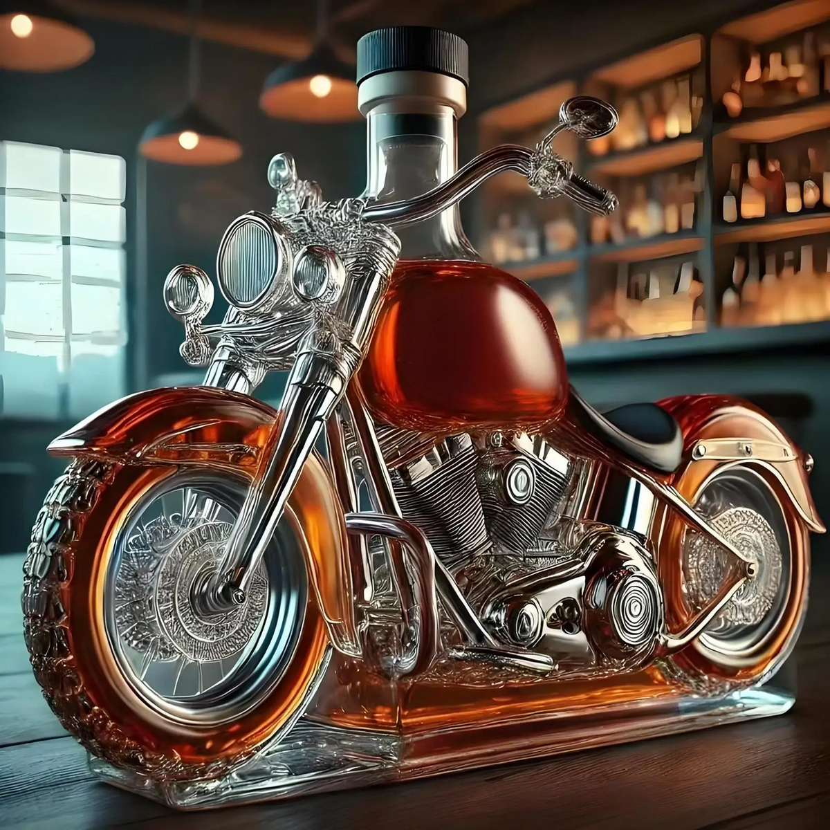 Motorcycle Whiskey Decanter with Alcohol Set Glass Cruiser Design with Silver Accents