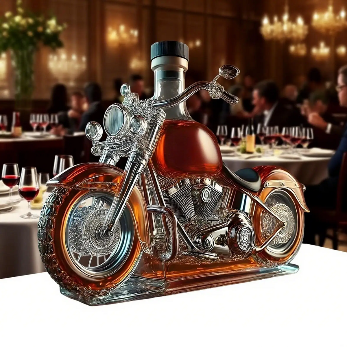 Motorcycle Whiskey Decanter with Alcohol Set Glass Cruiser Design with Silver Accents