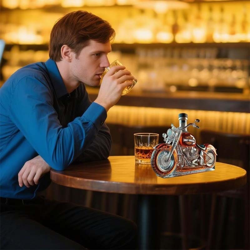 Motorcycle Whiskey Decanter with Alcohol Set Glass Cruiser Design with Silver Accents