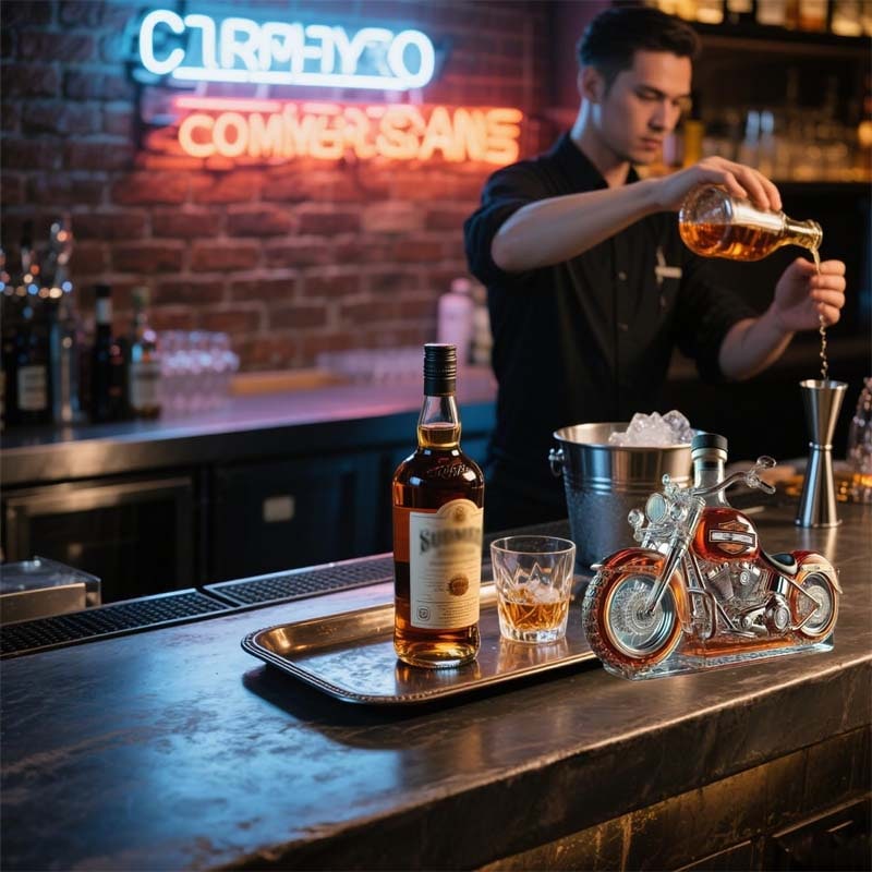 Motorcycle Whiskey Decanter with Alcohol Set Glass Cruiser Design with Silver Accents