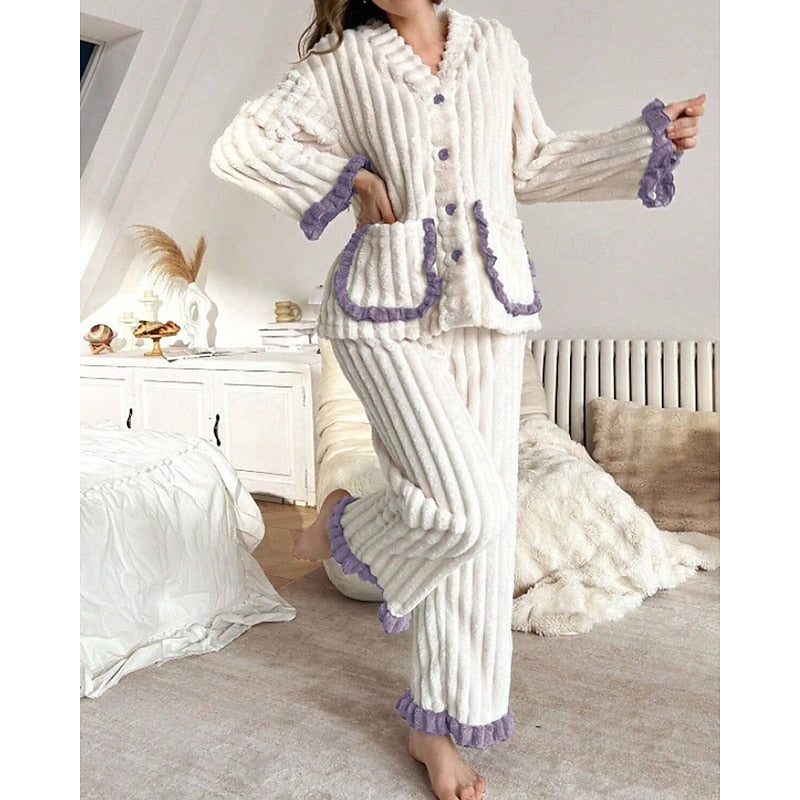 Winifred | Plush Ruffle Trim Pajama Set