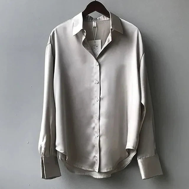 Women’s Satin Button-Up Blouse – Relaxed Long-Sleeve Collared Shirt for Office Business Events Evening Dinners and Smart Casual Everyday Styling