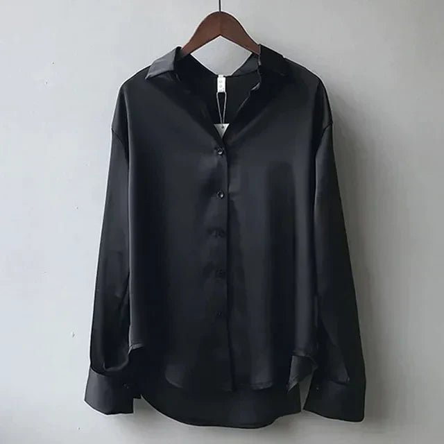 Women’s Satin Button-Up Blouse – Relaxed Long-Sleeve Collared Shirt for Office Business Events Evening Dinners and Smart Casual Everyday Styling