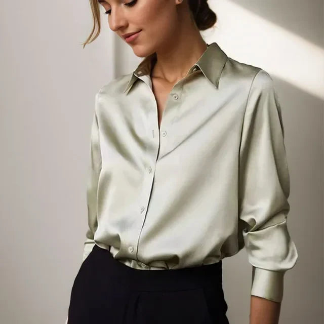 Women’s Satin Button-Up Blouse – Relaxed Long-Sleeve Collared Shirt for Office Business Events Evening Dinners and Smart Casual Everyday Styling