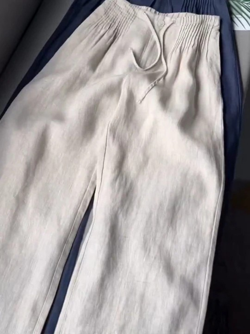 Women’s Cotton-Linen Wide-Leg Trousers – Relaxed Drawstring Full-Length Summer Pants for Travel Weekend Casual Wear and Everyday Transitional Styling