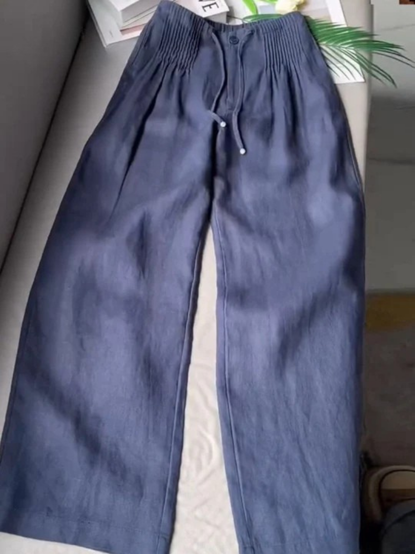 Women’s Cotton-Linen Wide-Leg Trousers – Relaxed Drawstring Full-Length Summer Pants for Travel Weekend Casual Wear and Everyday Transitional Styling