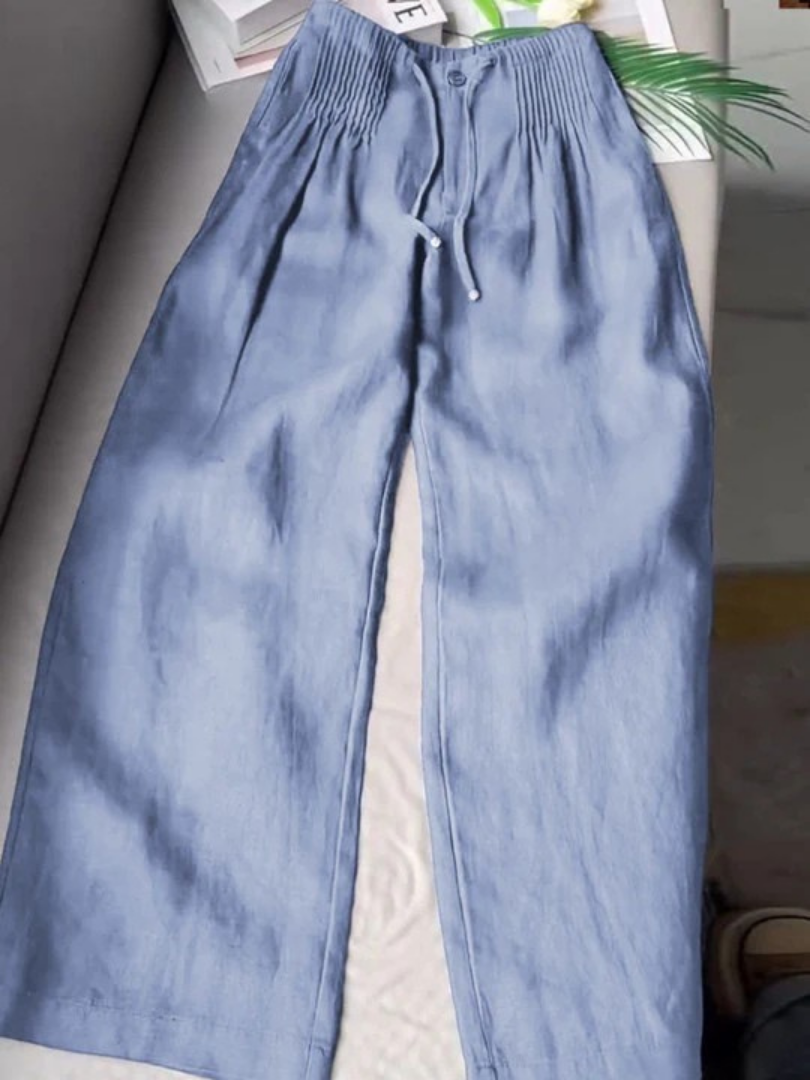 Women’s Cotton-Linen Wide-Leg Trousers – Relaxed Drawstring Full-Length Summer Pants for Travel Weekend Casual Wear and Everyday Transitional Styling