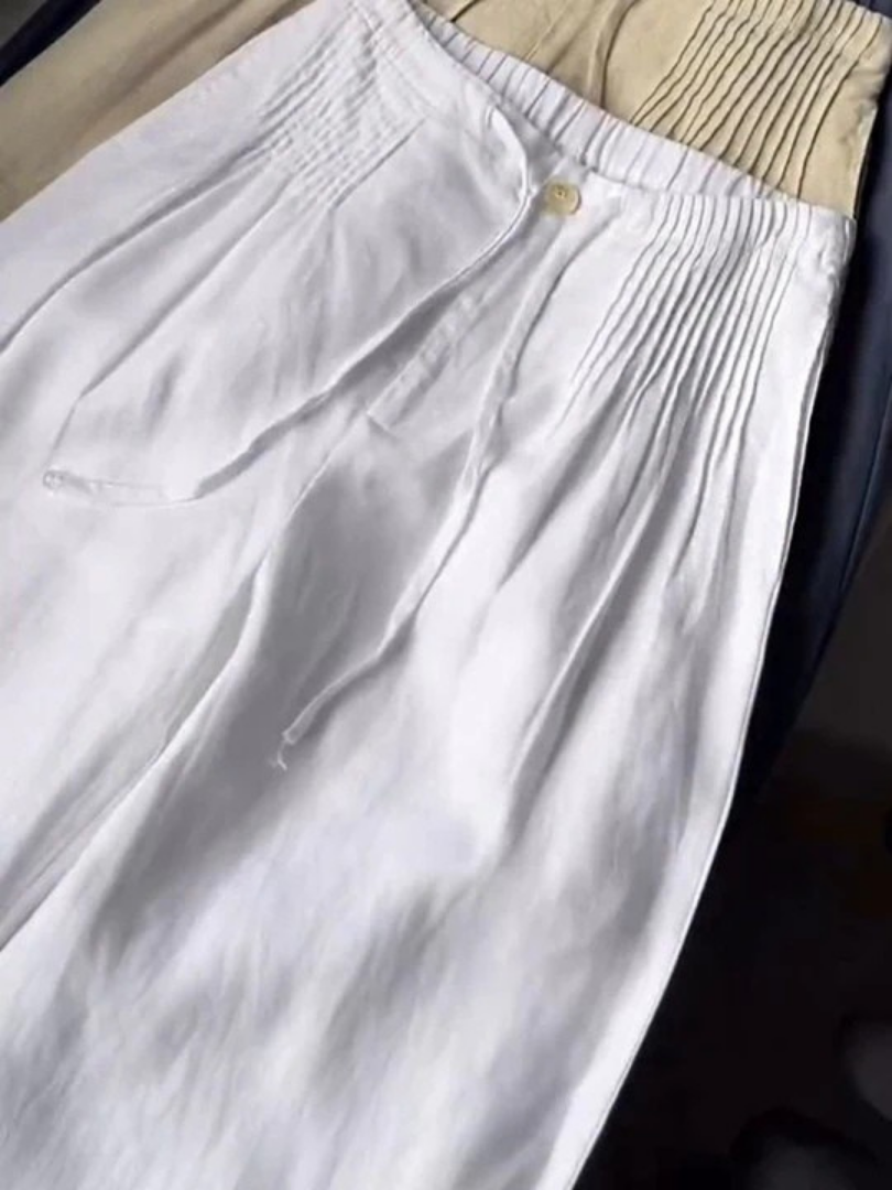 Women’s Cotton-Linen Wide-Leg Trousers – Relaxed Drawstring Full-Length Summer Pants for Travel Weekend Casual Wear and Everyday Transitional Styling