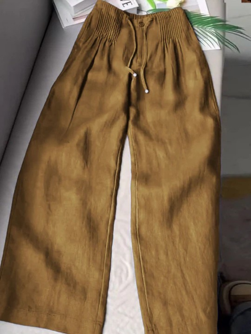 Women’s Cotton-Linen Wide-Leg Trousers – Relaxed Drawstring Full-Length Summer Pants for Travel Weekend Casual Wear and Everyday Transitional Styling