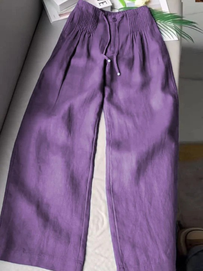 Women’s Cotton-Linen Wide-Leg Trousers – Relaxed Drawstring Full-Length Summer Pants for Travel Weekend Casual Wear and Everyday Transitional Styling