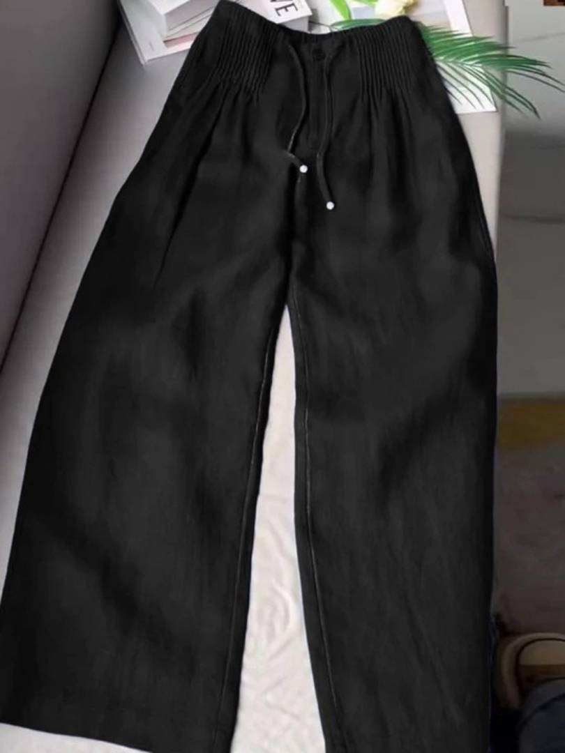Women’s Cotton-Linen Wide-Leg Trousers – Relaxed Drawstring Full-Length Summer Pants for Travel Weekend Casual Wear and Everyday Transitional Styling